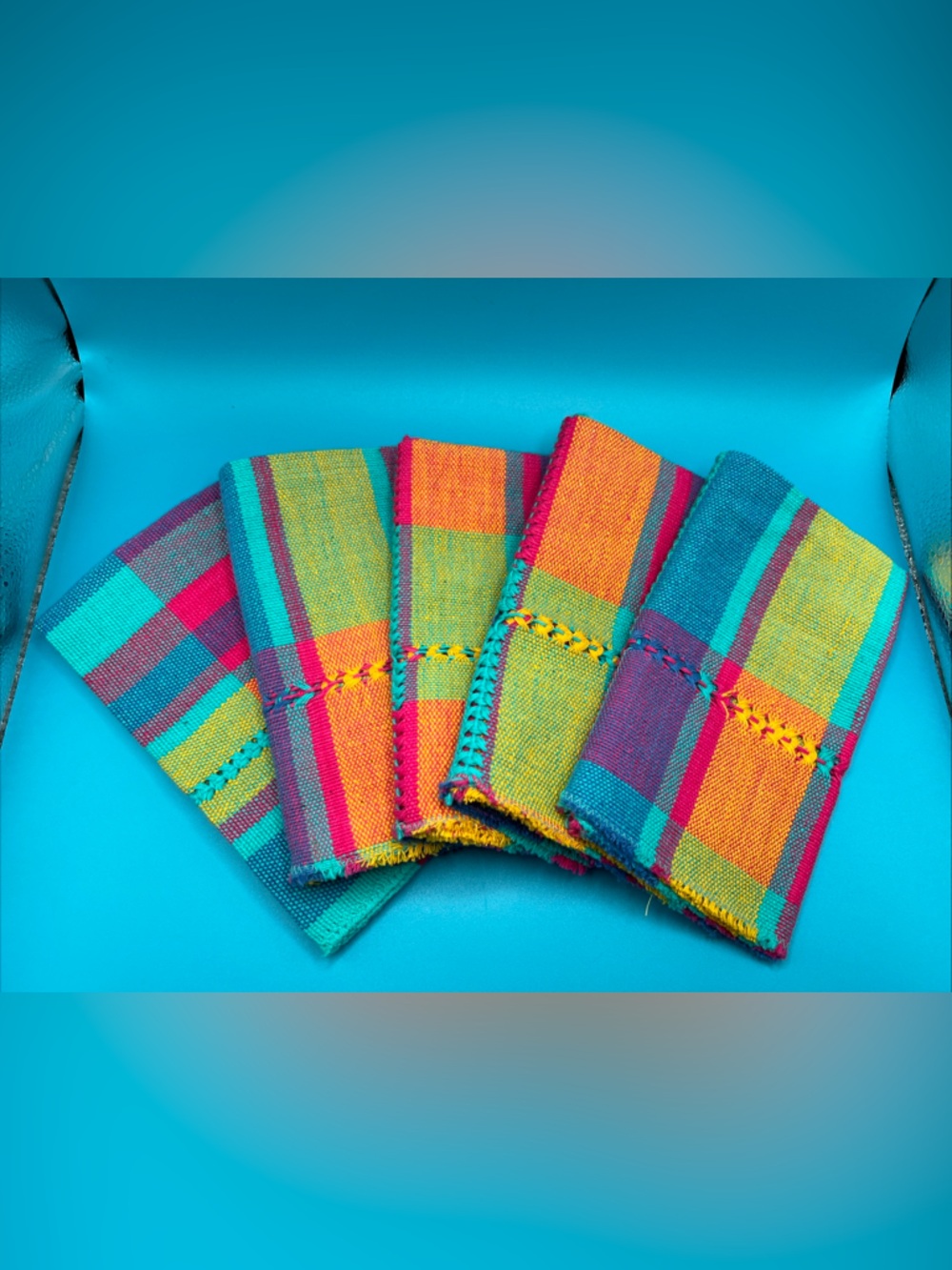 Vintage Colorful Woven Set of 5 Napkins  14x 13 Multicolor Bright Cotton